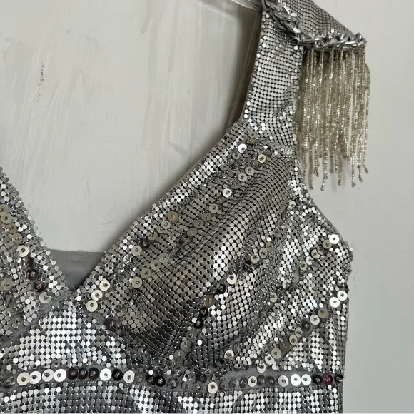 162. BASIX Black Label Silver Metallic Cochella Style Mini Dress •2 - Picture 15 of 16